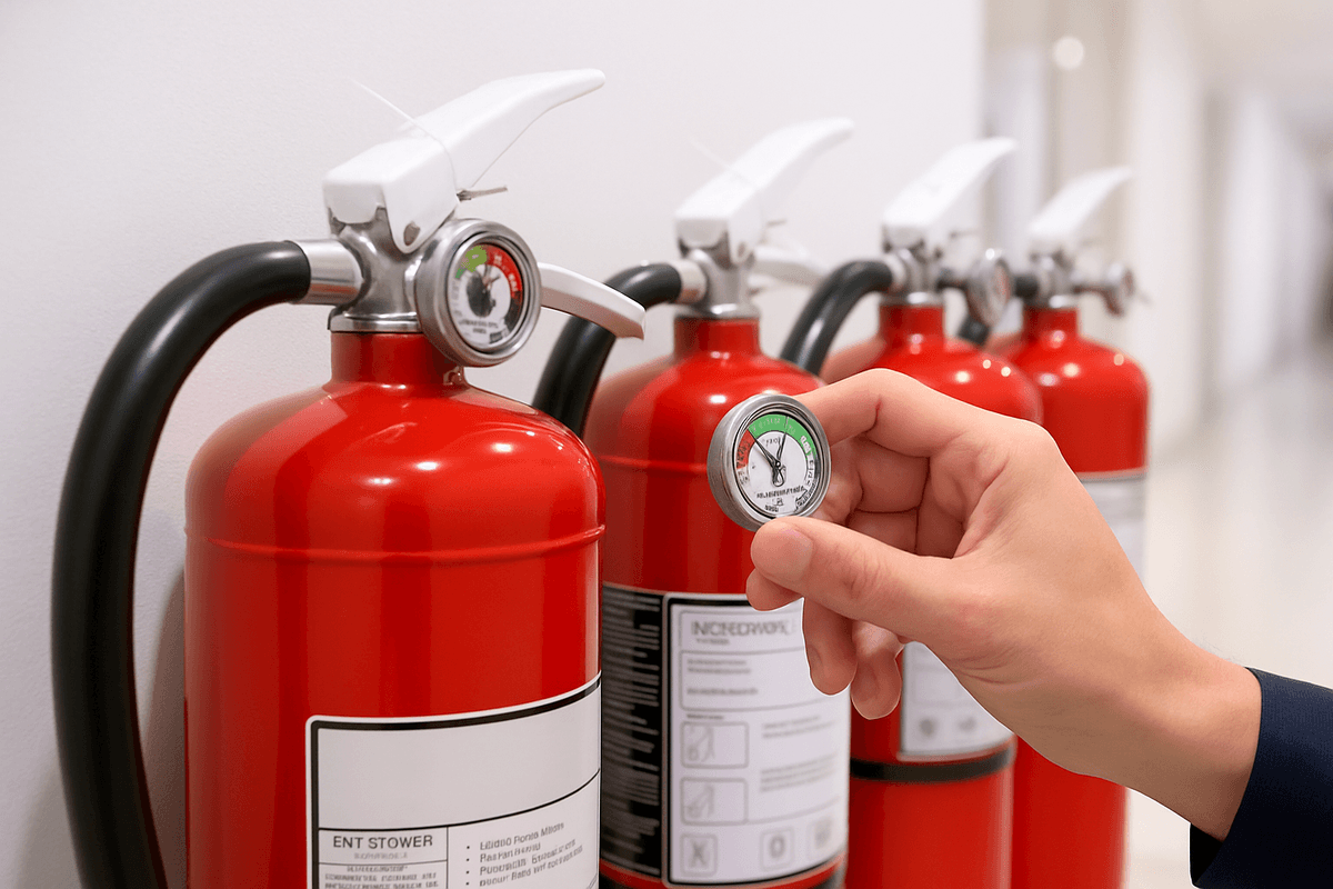 Fire extinguisher being professionally serviced